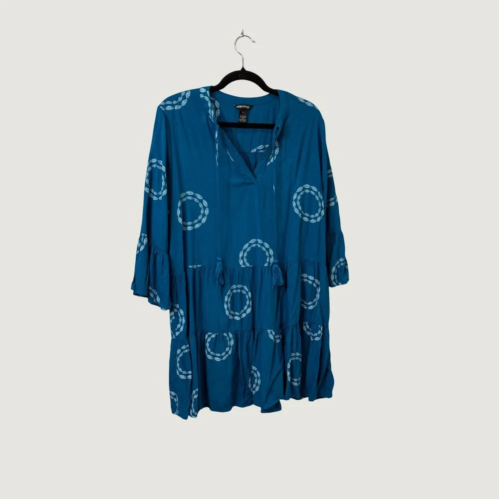 Millenium Teal Blue Tiered Tunic Dress Boho Bell Sleeve Peasant Artsy Beach Sz L